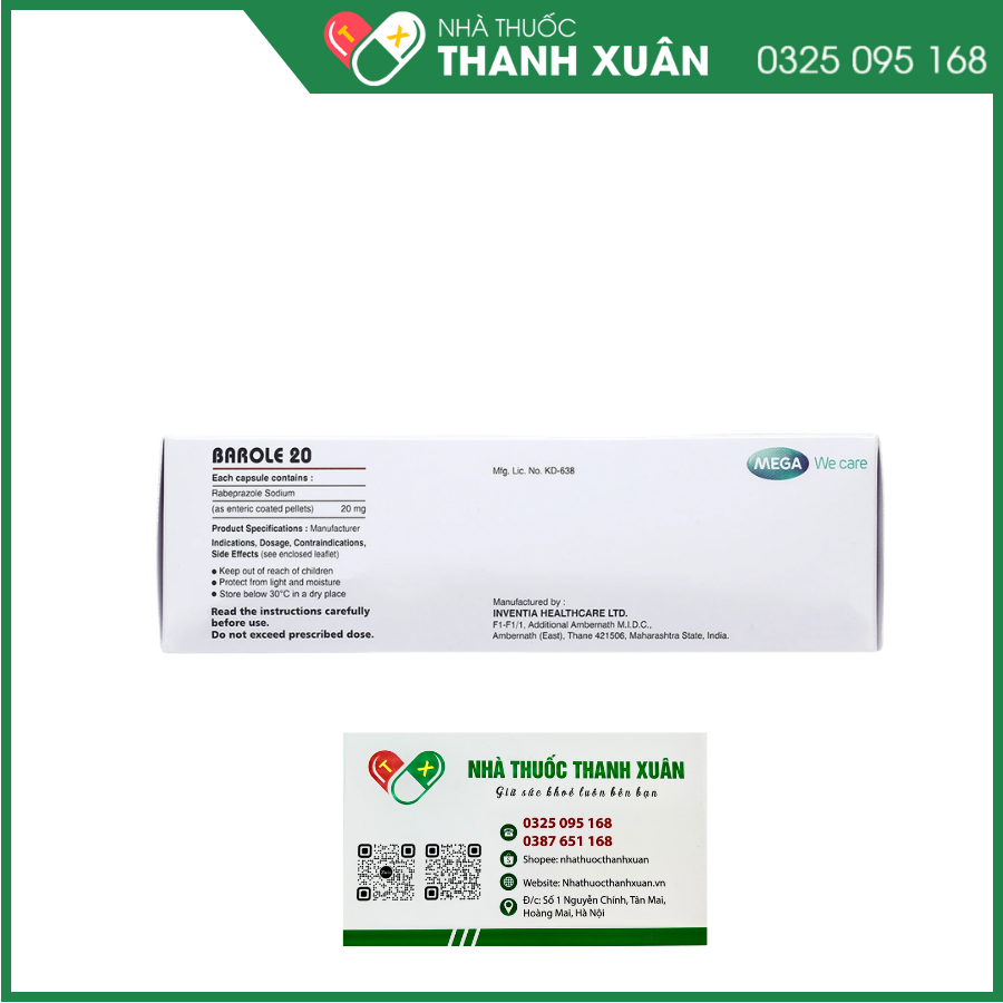 Barole 20 trị viêm loét do trào ngược dạ dày, thực quản